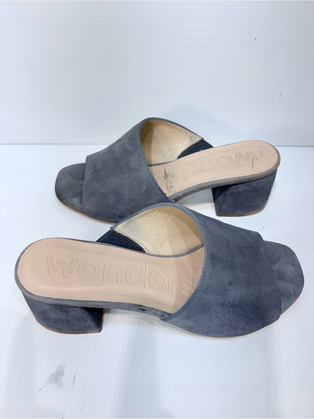 Wonders Gray/Blue Suede Open-Toe Block Heel Mules - Size 5.5 (EU 35)